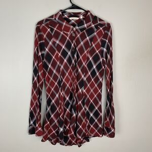 Soft Surroundings Large Womens Top Red Plaid Flannel Ruffle Button Up Holiday